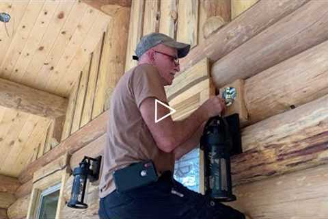 Log Cabin Build Part 26, staining the interior, installing lights and ceiling fan, Outlast interior